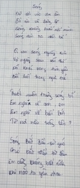 Sons 
Du dǒi vào du cm 
on cio vè lang Q 
song rmons luei noi minn 
Sons din na tán bē? 
O. con son's ngáig xuù 
Va ngay sau ván thi 
wói Wnai wons tirn you 
Bei héi tóng nguú thé 
qut'l muán truing song b? 
En ngluá vè ann, en 
En nghi vè bān lon 
T wǐ náo soù un? 
Sony But dai w guo 
anó bái dhái tù dán 
im cas théns bāi nǎ 
xninào tu yóu nhan