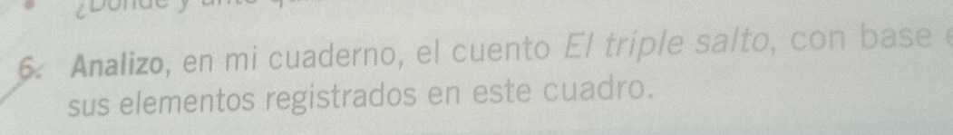 Analizo, en mi cuaderno, el cuento El triple salto, con base 
sus elementos registrados en este cuadro.