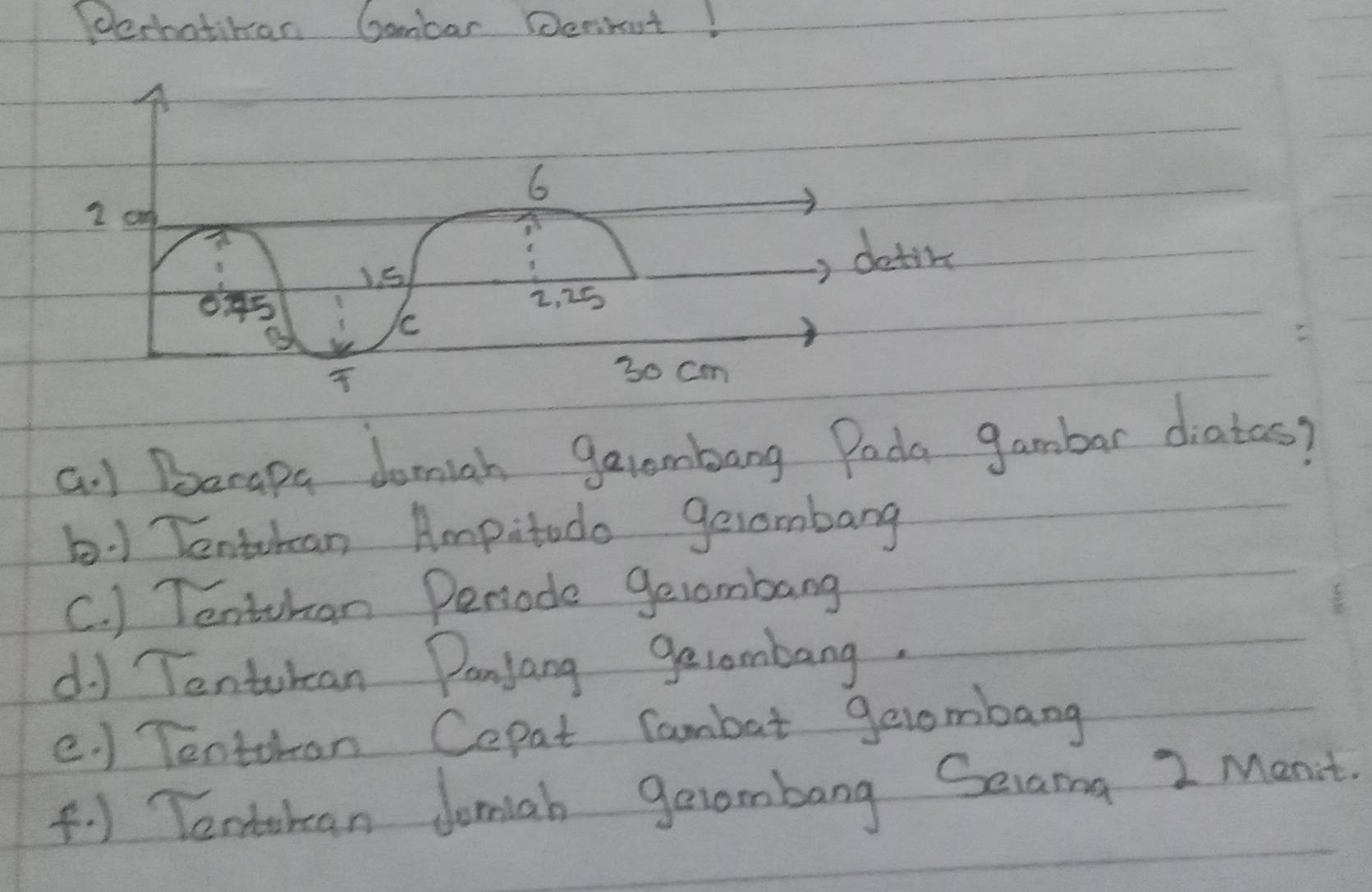 derhatimon Gombar Denmut! 
y detine
30 cm
a. ) Doerapa domigh galombang Pada gambar diatos? 
b. 1 Tenthan Ampitodo gelombang 
C. ) Tenthan Periode gelombang 
d J Tontuhan Panjang gecombang. 
e. ) Tentthan Cepat Cambat gelombang 
(1 Tentahan domiah gelombang Geiama 2 Mant.