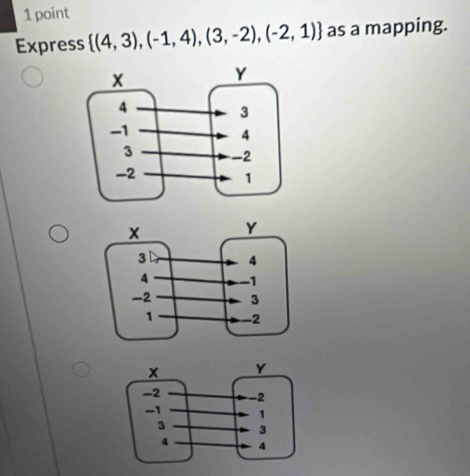 Express  (4,3),(-1,4),(3,-2),(-2,1) as a mapping.