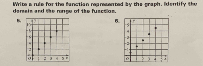 Write a rule for the function represented by the graph. Identify the 
domain and the range of the function. 
5. 6.