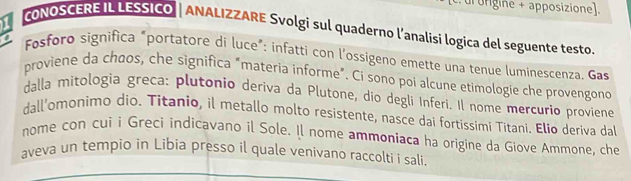 ar origine + apposizione]. 
CONOSCERE IL LESSICO | ANALIZZARE Svolgi sul quaderno l’analisi logica del seguente testo. 
Fosforo significa “portatore di luce”: infatti con l’ossigeno emette una tenue luminescenza. Gas 
proviene da chāos, che significa “materia informe”. Ci sono poi alcune etimologie che provengono 
dalla mitologia greca: plutonio deriva da Plutone, dio degli Inferi. Il nome mercurio proviene 
dall’omonimo dio. Titanio, il metallo molto resistente, nasce dai fortissimi Titani. Elio deriva dal 
nome con cui i Greci indicavano il Sole. Il nome ammoniaca ha origine da Giove Ammone, che 
aveva un tempio in Libia presso il quale venivano raccolti i sali.