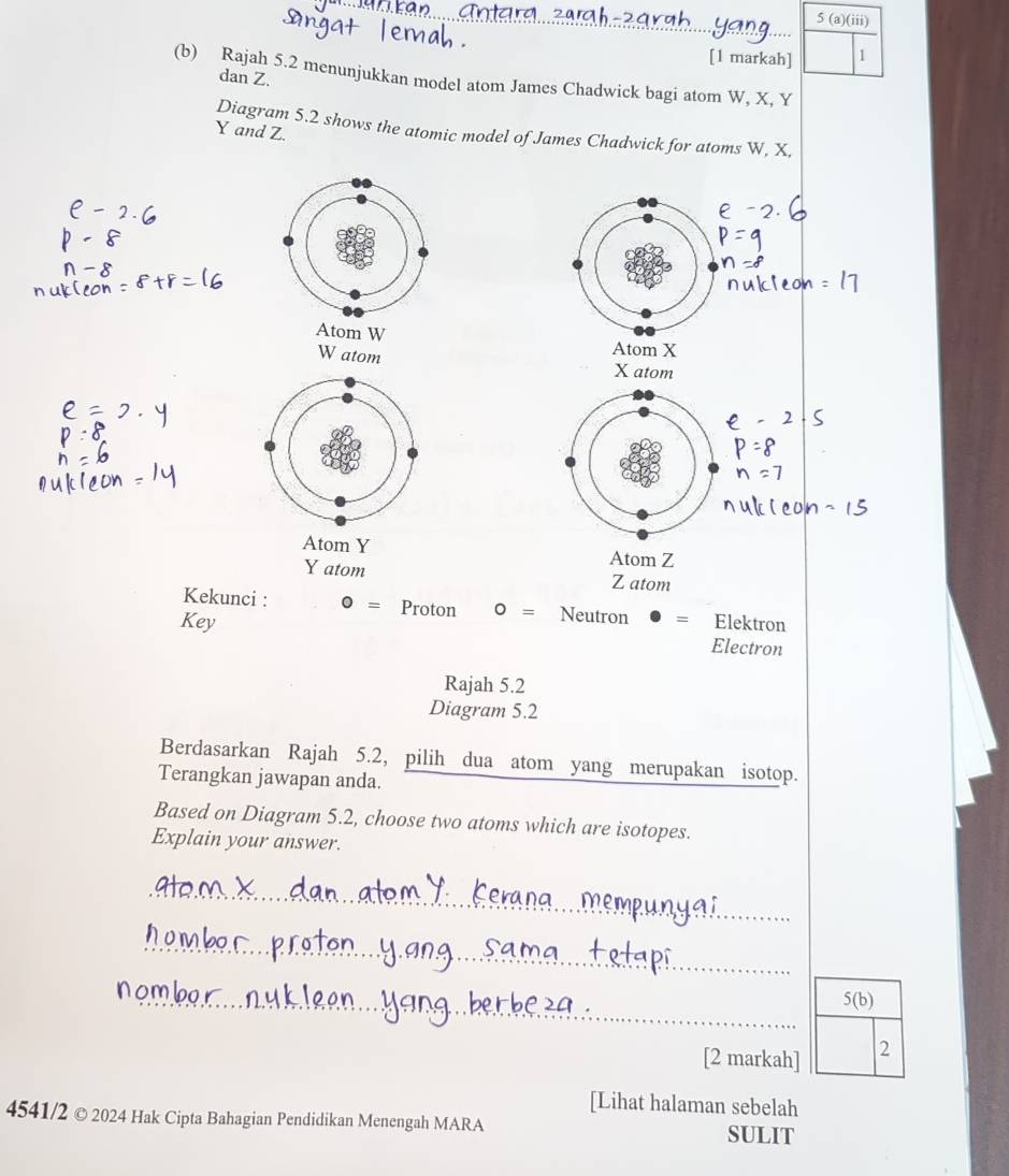 5(a)(iii) 
_
_
[1 markah] 1
(b) Rajah 5.2 menunjukkan model atom James Chadwick bagi atom W, X, Y
dan Z.
Diagram 5.2 shows the atomic model of James Chadwick for atoms W, X,
Y and Z.
Atom W
W atom
Atom X
X atom
Atom Y Atom Z
Y atom Z atom
Kekunci : 0= Proton 0= Neutron =
Key Elektron
Electron
Rajah 5.2
Diagram 5.2
Berdasarkan Rajah 5.2, pilih dua atom yang merupakan isotop.
Terangkan jawapan anda.
Based on Diagram 5.2, choose two atoms which are isotopes.
Explain your answer.
_
_
_
5(b) 
[2 markah] 2
[Lihat halaman sebelah
4541/2 © 2024 Hak Cipta Bahagian Pendidikan Menengah MARA SULIT