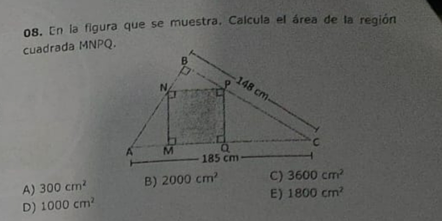 En la figura que se muestra, Calcula el área de la región
cuadrada MNPQ.
A) 300cm^2
B) 2000cm^2 C) 3600cm^2
E) 1800cm^2
D) 1000cm^2