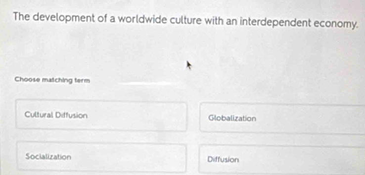 The development of a worldwide culture with an interdependent economy.
Choose matching term
Cultural Diffusion Globalization
Socialization Diffusion