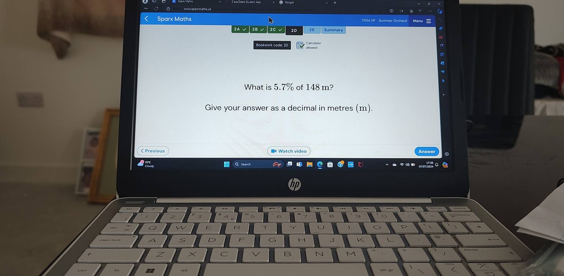 Sparx Maths 
17414 XP Summer Orche 
2A 2B 2C 2D 2E Summary 
Bookwork code: 2D 
What is 5.7% of 148 m? 
Give your answer as a decimal in metres (m). 
< Previous ■ Watch video nswer 
Search