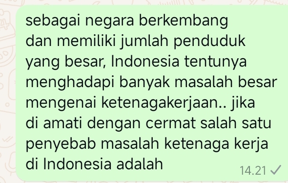 sebagai negara berkembang 
dan memiliki jumlah penduduk 
yang besar, Indonesia tentunya 
menghadapi banyak masalah besar 
mengenai ketenagakerjaan.. jika 
di amati dengan cermat salah satu 
penyebab masalah ketenaga kerja 
di Indonesia adalah 14.21