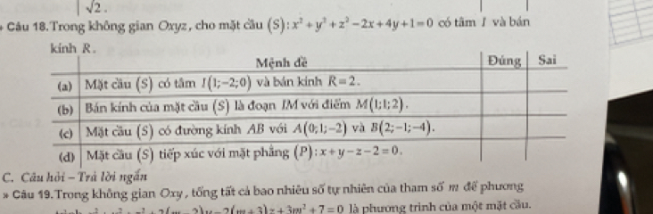 sqrt(2).
+ Câu 18.Trong không gian Oxyz, cho mặt cầu (S): x^2+y^2+z^2-2x+4y+1=0 có tâmJ và bán
C. Câu hỏi - Trà lời ngắn
* Câu 19.Trong không gian Oxy , tổng tất cả bao nhiêu số tự nhiên của tham số m để phương
)w-2(w+3)x+3m^2+7=0 là phương trình của một mặt cầu.