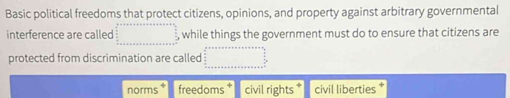 Basic political freedoms that protect citizens, opinions, and property against arbitrary governmental
interference are called beginarrayr a+x+a+x+a+x+a+x+a=x+a+x+a=x+a  a/a  x+a+x+a+x+a+x+a+x+a=x+a+x+a+a while things the government must do to ensure that citizens are
protected from discrimination are called beginarrayr a ..... ....+s... .  x/s  frac x.endarray.  
norms * freedoms civil rights * civil liberties *