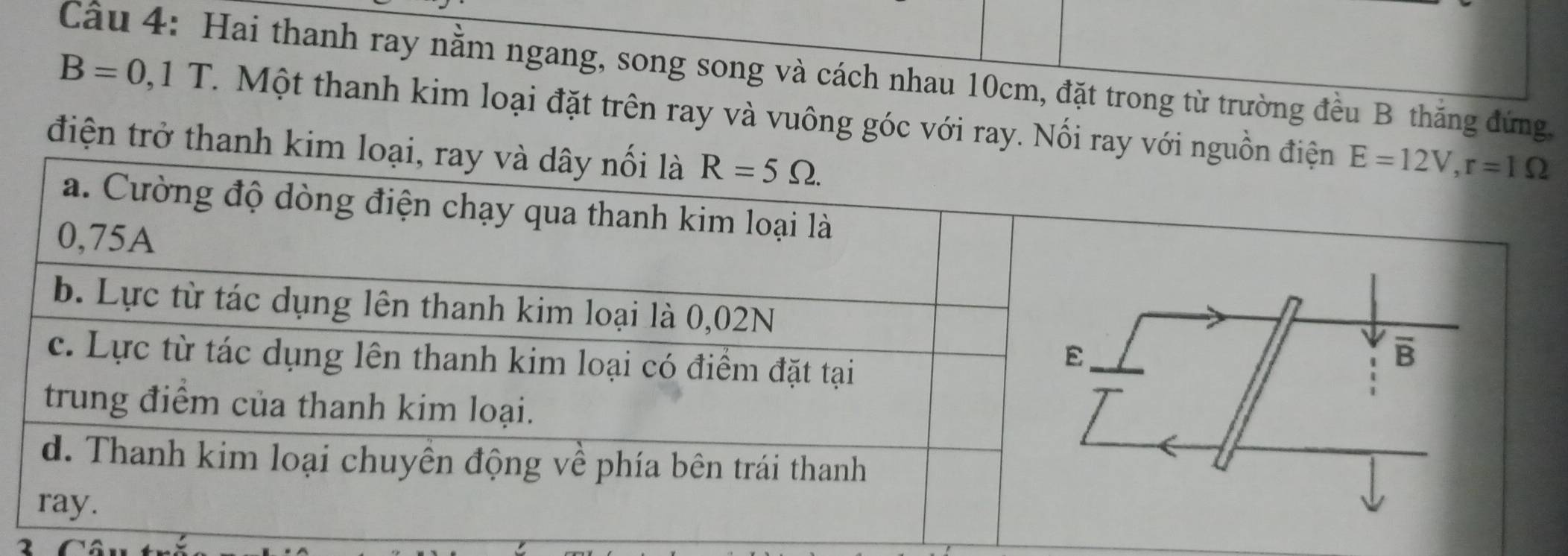 Cầu 4: Hai thanh ray nằm ngang, song song và cách nhau 10cm, đặt trong từ trường đều B thăng đứng,
B=0,1T. Một thanh kim loại đặt trên ray và vuông góc với ray. Nối ray với ngu
điện trở thanh kim 
2