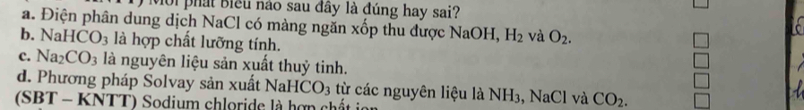 Đới phát Biểu nào sau đây là đúng hay sai?
a. Điện phân dung dịch NaCl có màng ngăn xốp thu được NaOH, H_2 và O_2.
b. NaHCO_3 là hợp chất lưỡng tính.
c. Na_2CO_3 là nguyên liệu sản xuất thuỷ tinh.
d. Phương pháp Solvay sản xuất NaH CO_3 từ các nguyên liệu là NH₃, NaCl và CO_2. 
(SBT - KNTT) Sodium chloride là hợn chất