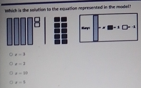 Which is the solution to the equation represented in the model?
1
Key1 □ =-1
x=3
x=2
x=10
x=5