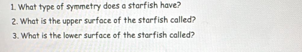 What type of symmetry does a starfish have? 
2. What is the upper surface of the starfish called? 
3. What is the lower surface of the starfish called?