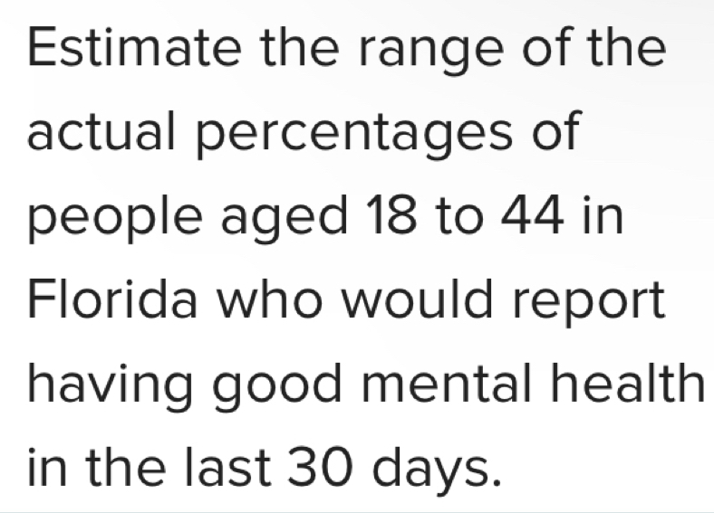 Estimate the range of the 
actual percentages of 
people aged 18 to 44 in 
Florida who would report 
having good mental health 
in the last 30 days.