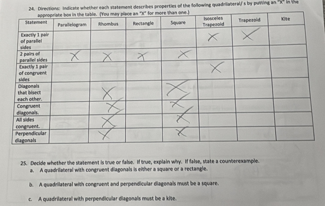 Directions: Indicate whether each statement describes properties of the following quadrilateral/s by putting an ''x'' in the
25. Decide whether the statement is true or false. If true, explain why. If false, state a counterexample.
a. A quadrilateral with congruent diagonals is either a square or a rectangle.
b. A quadrilateral with congruent and perpendicular diagonals must be a square.
c. A quadrilateral with perpendicular diagonals must be a kite.