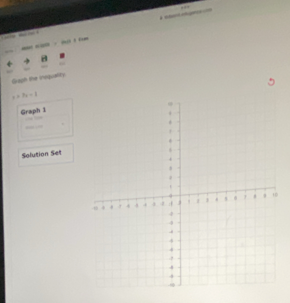 # édiant etigança coa 
“” 
6d 
a 
Graph the inequality.
y>7x-1
Graph 1 
Disp Lese 
Solution Set