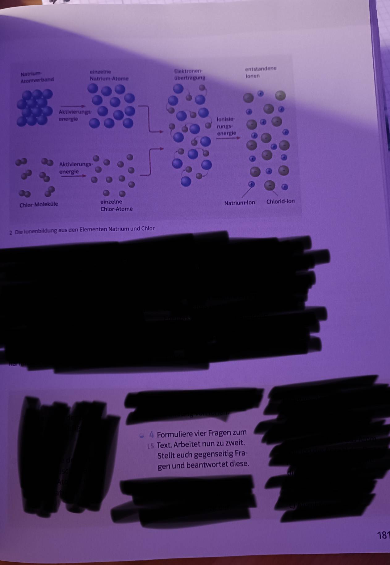 Die Ionenbildung aus den Elementen Natrium und Chlor 
Formuliere vier Fragen zum 
Ls Text. Arbeitet nun zu zweit. 
Stellt euch gegenseitig Fra- 
gen und beantwortet diese. 
181