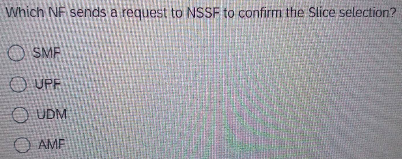 Which NF sends a request to NSSF to confirm the Slice selection?
SMF
UPF
UDM
AMF