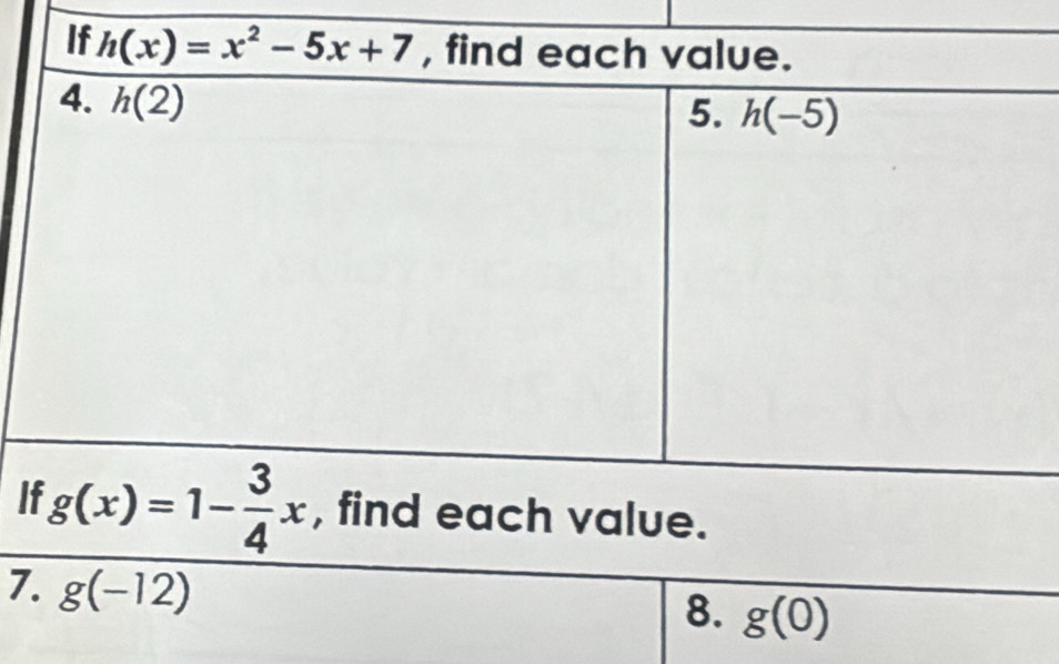 g(-12)
8. g(0)