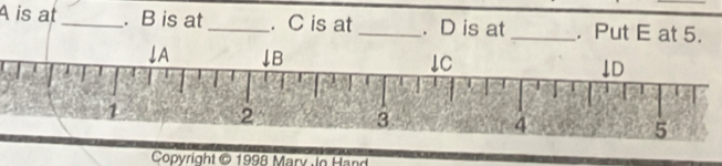 A is at_ . B is at_ . C is at _. D is at _. Put E at 5. 
Copyright © 1998 Mary Jo Hand