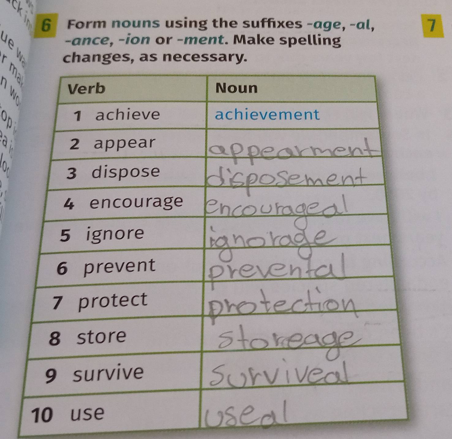 a 
6 Form nouns using the suffixes -age, -al, 7
-ance, -ion or -ment. Make spelling 
n 
changes, as necessary.
4
a 
U