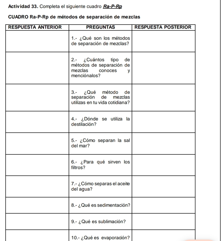 Actividad 33. Completa el siguiente cuadro Ra-P-Rp 
C
R
10.- ¿Qué es evaporación?