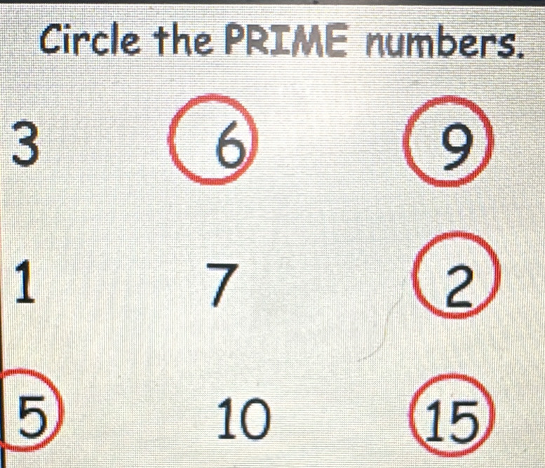 Circle the PRIME numbers.
3
6
9
1
7
2
5
10
15