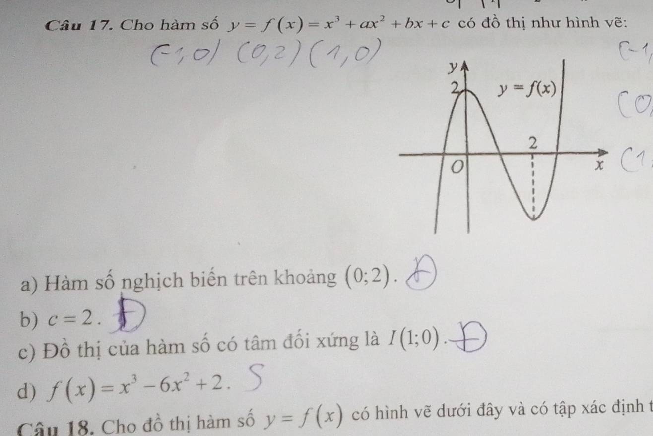 Cho hàm số y=f(x)=x^3+ax^2+bx+c có đồ thị như hình vẽ:
a) Hàm số nghịch biến trên khoảng (0;2).
b) c=2.
c) Đồ thị của hàm số có tâm đối xứng là I(1;0)
d) f(x)=x^3-6x^2+2.
Câu 18. Cho đồ thị hàm số y=f(x) có hình vẽ dưới đây và có tập xác định t