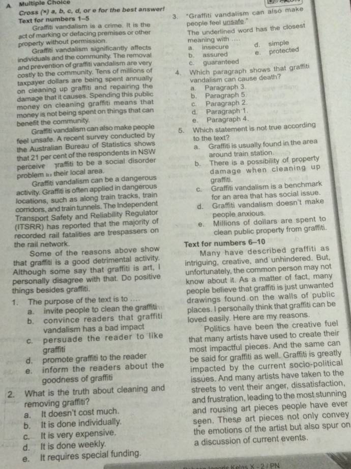 A Multiple Choice
Cross (×) a, b, c, d, or e for the best answer!
Text for numbers 1-5 3. "Graffiti vandalism can also make
Graffiti vandalism is a crime. It is the
act of marking or defacing premises or other people feel unsafe."
property without permission. meaning with The underlined word has the closest
..
Graffiti vandalism significantly affects a. insecure
e. protected
individuals and the community. The removal b. assured d. simple
and prevention of graffiti vandalism are very c. guaranteed
costly to the community. Tens of millions of
taxpayer dollars are being spent annually 4. Which paragraph shows that graffiti
on cleaning up graffiti and repairing the vandalism can cause death?
a. Paragraph 3.
damage that it causes. Spending this public b. Paragraph 5
money on cleaning graffiti means that c. Paragraph 2.
money is not being spent on things that can d. Paragraph 1.
benefit the community. e. Paragraph 4.
Graffiti vandalism can also make people
feel unsafe. A recent survey conducted by 5. Which statement is not true according
the Australian Bureau of Statistics shows to the text?
that 21 per cent of the respondents in NSW a. Graffiti is usually found in the area
around train station.
perceive raffiti to be a social disorder b. There is a possibility of property
problem in their local area.
Graffiti vandalism can be a dangerous damage when cleaning up 
activity, Graffiti is often applied in dangerous graffiti.
locations, such as along train tracks, train c. Graffiti vandalism is a benchmark
corridors, and train tunnels. The Independent for an area that has social issue.
Transport Safety and Reliability Regulator d. Graffiti vandalism doesn't make
(ITSRR) has reported that the majority of people anxious.
recorded rail fatalities are trespassers on e. Millions of dollars are spent to
clean public property from graffiti.
the rail network. Text for numbers 6-10
Some of the reasons above show
that graffiti is a good detrimental activity. Many have described graffiti as
Although some say that graffiti is art, I intriguing, creative, and unhindered. But,
personally disagree with that. Do positive unfortunately, the common person may not
things besides graffiti. know about it. As a matter of fact, many
1. The purpose of the text is to .... people believe that graffiti is just unwanted
drawings found on the walls of public
a. invite people to clean the graffiti places. I personally think that graffiti can be
b. convince readers that graffiti loved easily. Here are my reasons.
vandalism has a bad impact
Politics have been the creative fuel
c. persuade the reader to like that many artists have used to create their
graffiti
d. promote graffiti to the reader most impactful pieces. And the same can
e. inform the readers about the be said for graffiti as well. Graffiti is greatly
goodness of graffiti impacted by the current socio-political
issues. And many artists have taken to the
2. What is the truth about cleaning and streets to vent their anger, dissatisfaction,
removing graffiti? and frustration, leading to the most stunning
a. It doesn't cost much. and rousing art pieces people have ever
b. It is done individually. seen. These art pieces not only convey
c. It is very expensive. the emotions of the artist but also spur on
d. It is done weekly. a discussion of current events.
e. It requires special funding.
X - 2 1 PN