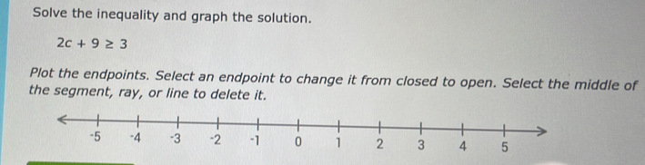 Solve the inequality and graph the solution.
2c+9≥ 3
Plot the endpoints. Select an endpoint to change it from closed to open. Select the middle of 
the segment, ray, or line to delete it.