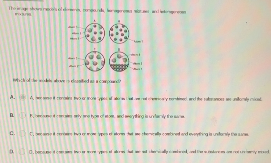 Solved: The image shows models of elements, compounds, homogeneous ...