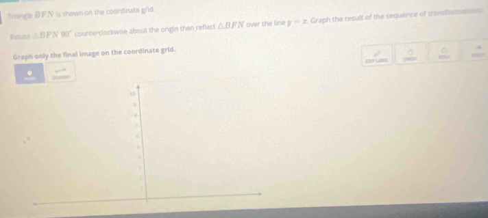 Triangle BFN is shown on the coordinate grid. 
Rotae △ BFN90° counterclockwise about the origin then reflect △ BFN over the line y=x Graph the result of the sequence of transformaties 
Graph only the final image on the coordinate grid. 
4 
。 C 
EIVS LABHI 150 “ 
.