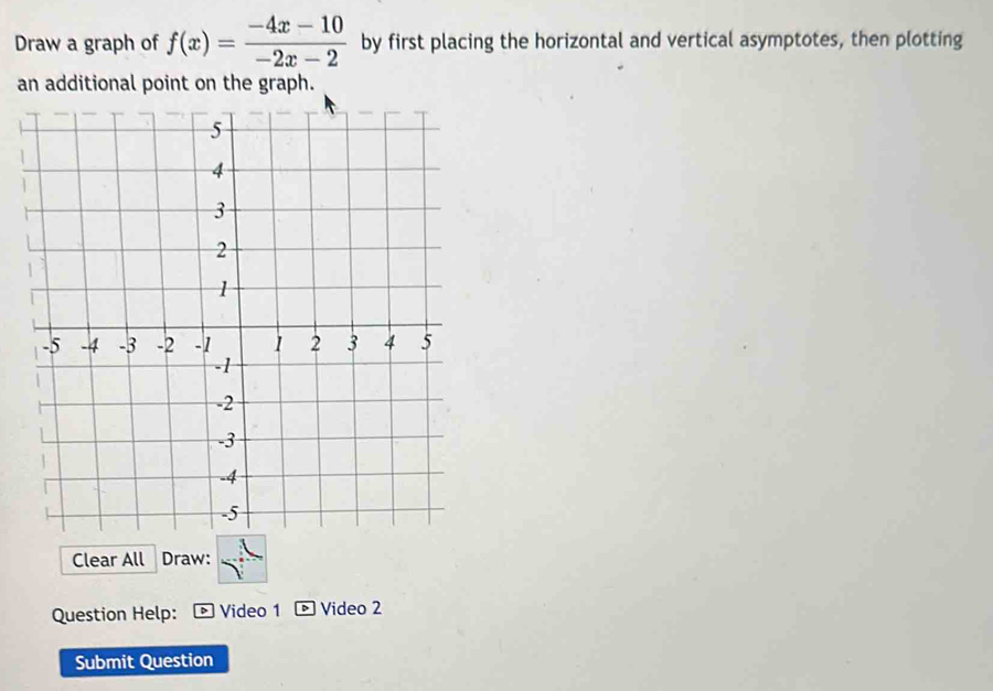 Draw a graph of f(x)= (-4x-10)/-2x-2  by first placing the horizontal and vertical asymptotes, then plotting 
an additional point on the graph. 
Clear All Draw: 
Question Help: Video 1 Video 2 
Submit Question