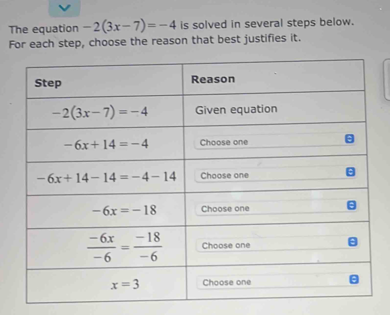 The equation -2(3x-7)=-4 is solved in several steps below.
For each step, choose the reason that best justifies it.