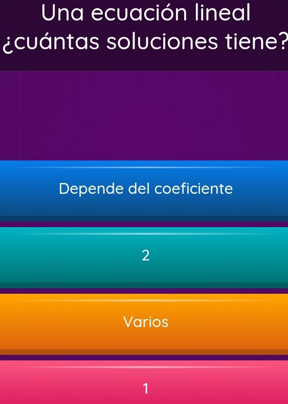 Una ecuación lineal
¿cuántas soluciones tiene?
Depende del coeficiente
2
Varios