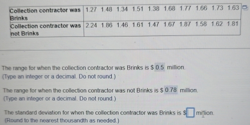 The range for when the collection contractor was Brinks is $0.5 million. 
(Type an integer or a decimal. Do not round.) 
The range for when the collection contractor was not Brinks is $0.78 million. 
(Type an integer or a decimal. Do not round.) 
The standard deviation for when the collection contractor was Brinks is s□ mifli ion. 
(Round to the nearest thousandth as needed.)