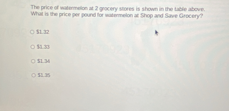 The price of watermelon at 2 grocery stores is shown in the table above.
What is the price per pound for watermelon at Shop and Save Grocery?
$1.32
$1.33
$1.34
$1.35