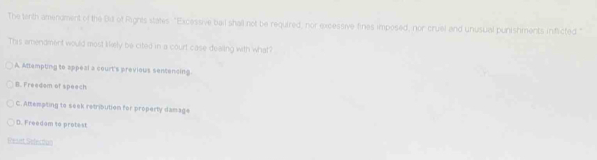 The terth amendment of the Bill of Rights states "Excessive bail shall not be required, nor excessive fines imposed, nor cruel and unusual punishments inflicted"
This amendment would most likely be cited in a court case dealing with what?
A. Attempting to appeal a court's previous sentencing.
B. Freedom of speech
C. Attempting to seek retribution for property damage
D. Freedom to protest
Peset Selection