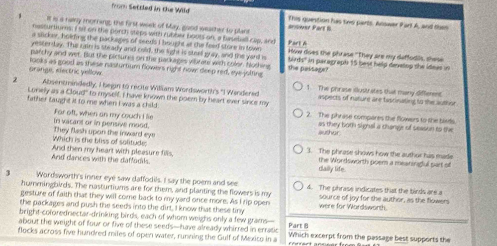 from Settled in the Wild This question has swo parts. Answer Part A, and then
1 It is a rainy morring; the first week of May, good weather to plant srvnet Part B
nasturtiums. I sit on the porch steps with rubber boots on, a baseball cap; and Part A
a slicker, holding the packages of seeds I hought at the feed store in town How does the phrase "They are my deffodils, shese
yesterday. The rain is steady and cold, the light is steed  ay, and the yard is b ds° in paragraph 15 best help deelop the ideas in
patchy and wet. But the pictures on the packages vibrate with color. Nothing the pastage?
looks as good as these nasturnium flowers right now deep red, eye-julting
orange, electric yellow. 1. The phrase illustrates that many different
2 Absentmindedly, I begin to recite William Wordsworth's "I Wandered aspects of nature are tascinating to the author .
Lonely as a Cloud" to myself. I have known the poern by heart ever since my
father taught it to me when I was a child: 2. The phrase compares the flowers to the birds.
Far oft, when on my couch I lie as they both signal a change of season to the
In vacant or in pensive mood, auther
They flash upon the inward eye
Which is the bliss of solitude; 3. The phrase shows how the author his made
And then my heart with pleasure fills, the Wordsworth poem a meaningful part of
And dances with the daffodiks. daily life.
3 Wordsworth's inner eye saw daffodils. I say the poem and see 4. The phrase indicates that the birds are a
hummingbirds. The nasturtiums are for them, and planting the flowers is my source of joy for the author, as the flowers
gesture of faith that they will come back to my yard once more. As I rip open were for Wordsworth.
the packages and push the seeds into the dirt, I know that these tiny
bright-colorednectar-drinking birds, each of whom weighs only a few grams—
about the weight of four or five of these seeds—have already whirred in erratic Part B
flocks across five hundred miles of open water, running the Gulf of Mexico in a Which excerpt from the passage best supports the