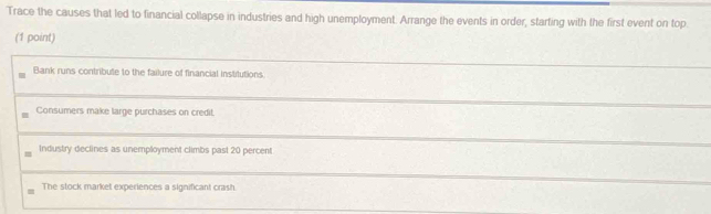 Trace the causes that led to financial collapse in industries and high unemployment. Arrange the events in order, starting with the first event on top
(1 point)
Bank runs contribute to the failure of financial instrlutions
Consumers make large purchases on credit.
Industry declines as unemployment climbs past 20 percent
= The stock market experiences a significant crash