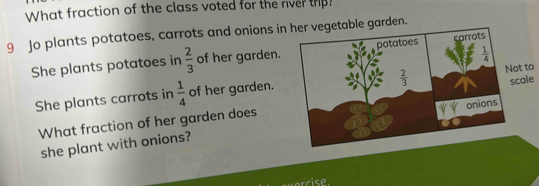 What fraction of the class voted for the river trip?
9 Jo plants potatoes, carrots and onions intable garden.
She plants potatoes in  2/3  of her garden. 
ale
She plants carrots in  1/4  of her garden. to
What fraction of her garden does
she plant with onions?