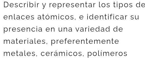 Describir y representar los tipos de 
enlaces atómicos, e identificar su 
presencia en una variedad de 
materiales, preferentemente 
metales, cerámicos, polímeros