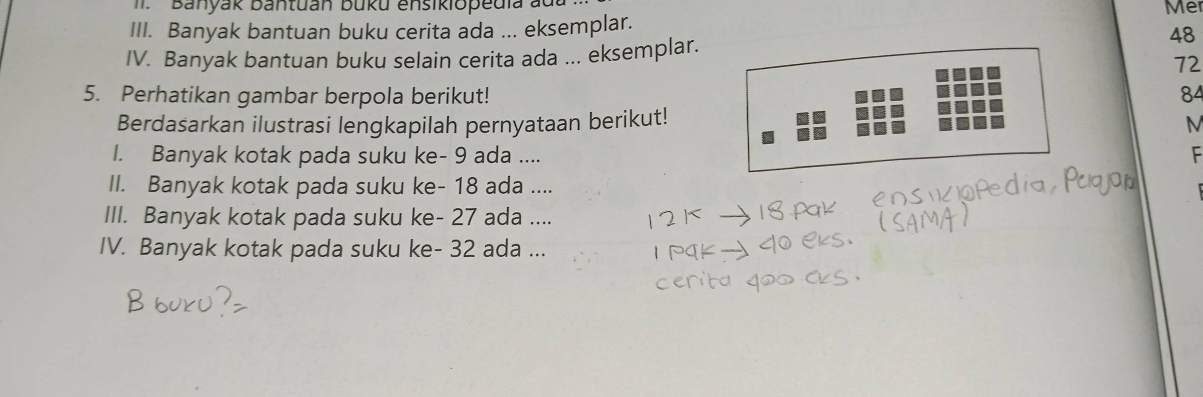 Banyak bantuan buku ensikiopedia au 
Me 
III. Banyak bantuan buku cerita ada ... eksemplar. 
IV. Banyak bantuan buku selain cerita ada ... eksemplar.
48
72
5. Perhatikan gambar berpola berikut! 84
Berdasarkan ilustrasi lengkapilah pernyataan berikut!
M
1. Banyak kotak pada suku ke - 9 ada .... F 
II. Banyak kotak pada suku ke- 18 ada .... 
III. Banyak kotak pada suku ke- 27 ada .... 
IV. Banyak kotak pada suku ke- 32 ada ...