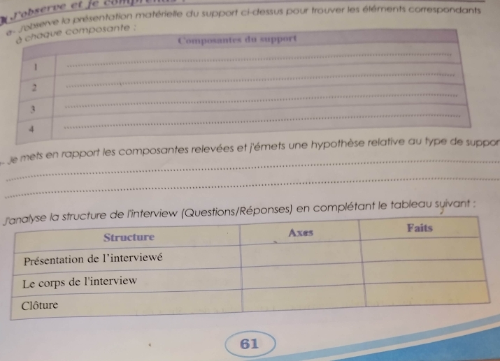 robserve et le compe 
erve la présentation matérielle du support ci-dessus pour trouver les éléments correspondants 
_ 
L le mets en rapport les composantes relevées et j'ér 
_ 
onses) en complétant le tableau suivant :
61