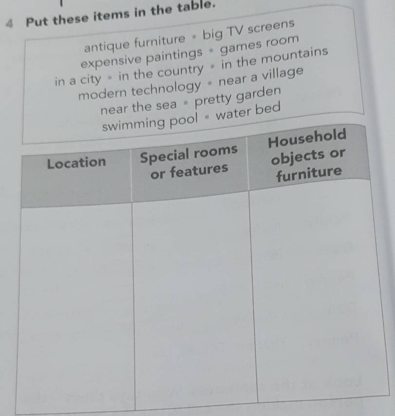 Put these items in the table. 
antique furniture 。 big TV screens 
expensive paintings games room 
in a city in the country in the mountains 
modern technology 。 near a village 
near the sea pretty garden 
ater bed