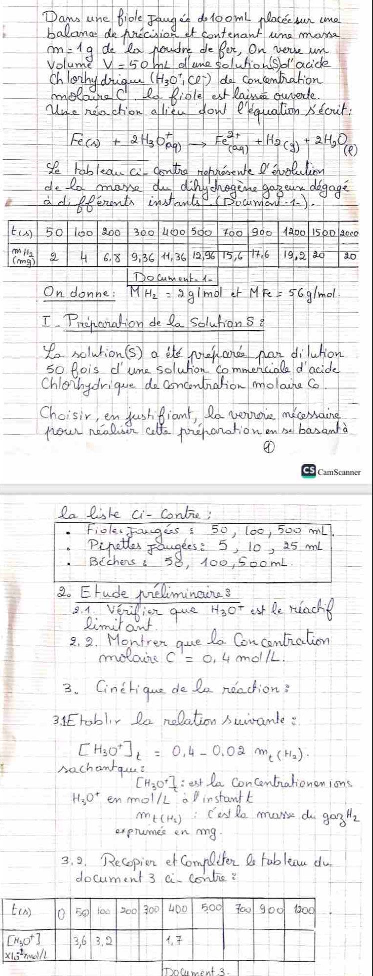 Dams une Biole Jauget do 1oom! placec uun cme
balance depuiecision et contenant une mosse
m=1g de fa nowdre de Bet, On verse un
Vollume me oll une solution(s/ol' acide
chloing dique do concentation
meloue cl Led Biole est Raince ourende
nne neachion alien dow eequation Becur:
Fe(s)+2H_3O^+_(aq)to Fe^(2+)_(aq)+H_2(g)+2H_2O_(l)
she tablean a dontio rohnosewe 'enolution
dota more do difychogethe gageur degage
a differents instantsp. (Docment. (- ).
t() 50/100 I200 300400 500 1oo 9o0 1800 1500 2000
Ho 2 4 6. 8 9, 36 4, 36 12, 96 75, 6 17. 6 19. 2 2o 20
Do cument. 1-
On donne: MH_2=2g/mol et g/md
I Prcnanation de la solutions g
Ya solution (s) a ete potehande nar dilution
5o Rois dume solution commeniciale d' acide
Chlonhydrique do concentiation molaine C
Choisir, en jushifiant, la vernoie micesaine
now nealison calt piehanation en s basanta
④
la liste ci- contie;
Fioles Jangees 8 50, 100, 500 ml.
Pinetles Faugees: 0, 25 ml
BCchens 8 50,100,5, oomL
2. Erude peliminaine ?
2. 1. Veifiez que overline H_3O^T esr le reachs
Rimit ant
2. 2. Montren que do Concontiation
molaine , 4 molll
3. Cincrique de la neaction?
3. E roblir 2a nelation Surante:
[H_3O^+]_t=0.4-0.02m_t(H_2)·
Aachanrqu?
[Hso-7 :est la Concentrationenions
H_3O^+ en mol/l a instanft
Cat lo more do gaH2
exprumes en my
3. 2. Recopion et Compiter 2 tablean du
document 3 a contic ?