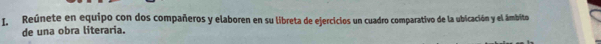 Reúnete en equipo con dos compañeros y elaboren en su libreta de ejercicios un cuadro comparativo de la ubicación y el ámbito 
de una obra literaria.