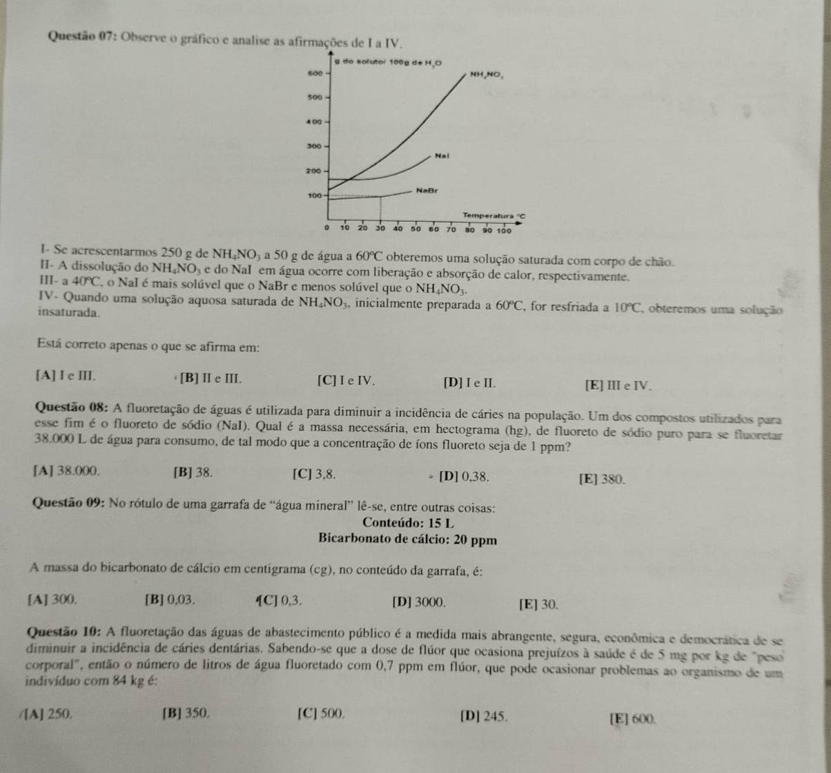 Observe o gráfico e analise as afirmações de I a IV.
I- Se acrescentarmos 250 g de NH_4NO_3 a 50 g de água a 60°C obteremos uma solução saturada com corpo de chão.
II- A dissolução do NH_4NO_3 e do NaI em água ocorre com liberação e absorção de calor, respectivamente.
III- a 40°C o Nal é mais solúvel que o NaBr e menos solúvel que o NH_4NO_3.
IV- Quando uma solução aquosa saturada de NH_4NO_3 , inicialmente preparada a 60°C , for resfriada a 10°C , obteremos uma solução
insaturada.
Está correto apenas o que se afirma em:
[A] I e III. [B] II e III. [C] I e IV. [D] I e II. [E] Ⅲ e IV.
Questão 08: A fluoretação de águas é utilizada para diminuir a incidência de cáries na população. Um dos compostos utilizados para
esse fim é o fluoreto de sódio (NaI). Qual é a massa necessária, em hectograma (hg), de fluoreto de sódio puro para se fluoretar
38.000 L de água para consumo, de tal modo que a concentração de íons fluoreto seja de 1 ppm?
[A] 38.000. [B] 38. [C] 3,8. [D]0,38. [E] 380.
Questão 09: No rótulo de uma garrafa de “água mineral” lê-se, entre outras coisas:
Conteúdo: 15 L
Bicarbonato de cálcio: 20 ppm
A massa do bicarbonato de cálcio em centigrama (cg), no conteúdo da garrafa, é:
[A] 300. [B] 0,03. [C] 0,3. [D] 3000. [E] 30.
Questão 10: A fluoretação das águas de abastecimento público é a medida mais abrangente, segura, econômica e democrática de se
diminuir a incidência de cáries dentárias. Sabendo-se que a dose de flúor que ocasiona prejuízos à saúde é de 5 mg por kg de "peso
corporal", então o número de litros de água fluoretado com 0,7 ppm em flúor, que pode ocasionar problemas ao organismo de um
indivíduo com 84 kg é:
/[A] 250. [B] 350. [C] 500. [D] 245. [E] 600.