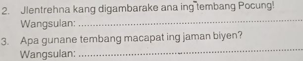 Jlentrehna kang digambarake ana ing tembang Pocung! 
Wangsulan: 
_ 
_ 
3. Apa gunane tembang macapat ing jaman biyen? 
Wangsulan: