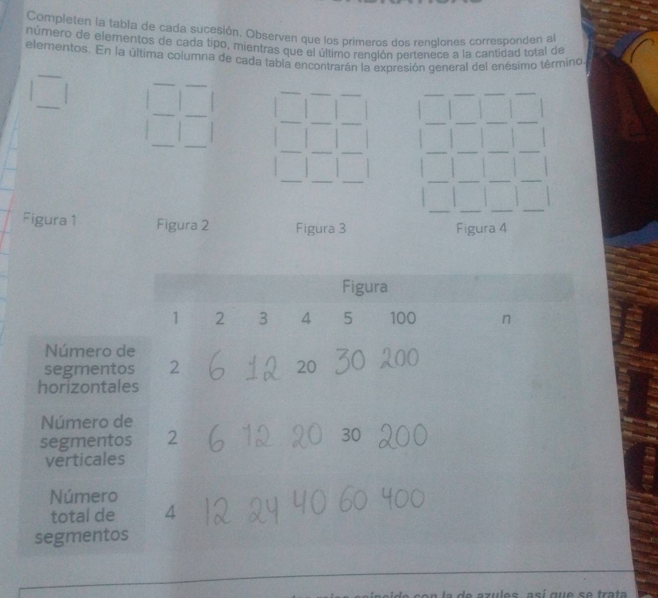 Completen la tabla de cada sucesión. Observen que los primeros dos renglones corresponden al 
número de elementos de cada tipo, mientras que el último renglón pertenece a la cantidad total de 
elementos. En la última columna de cada tabla encontrarán la expresión general del enésimo término 
Figura 1 Figura 2 
Figura 3 Figura 4 
Figura
1 2 3 4 5 100 n 
Número de 
segmentos 2 20
horizontales 
Número de 
segmentos 2
30
verticales 
Número 
total de 4
segmentos 
a de azules así que se trata